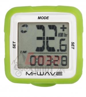 M-WAVE Велокомпьютер 5-244716 14ф-ций беспровод. цифр. темпер. силикон. сменный корпус зеленый