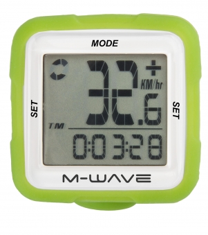 M-WAVE Велокомпьютер 5-244716 14ф-ций беспровод. цифр. темпер. силикон. сменный корпус зеленый
