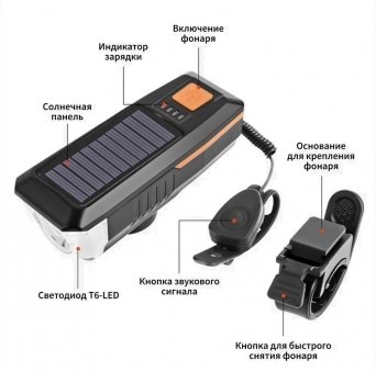 CRAZY Передний велосипедный фонарь BG-LY-17 с солнечной бат. с сигналом USB-заряд.кабель, черный